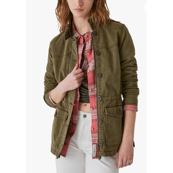 Lucky Brand Womens Full Zip Up Jacket Green Military Cargo Utility Boho Sz Small - Picture 2 of 9